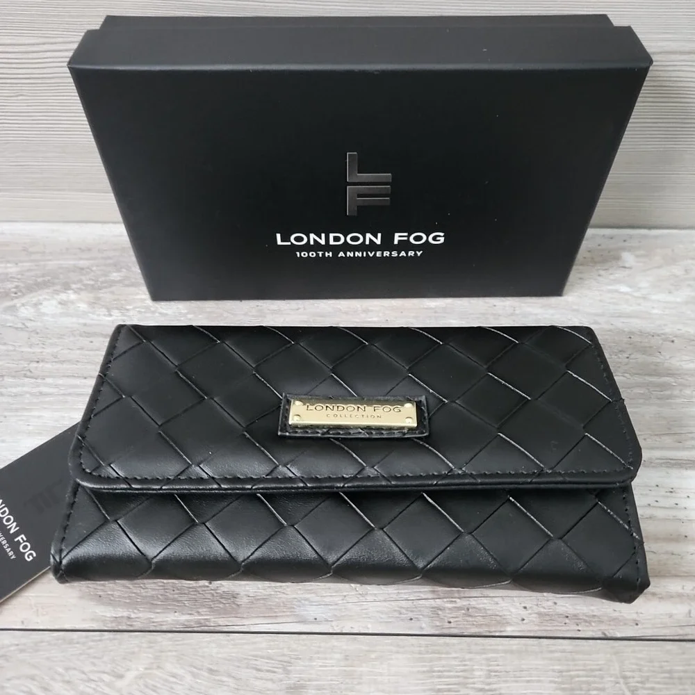 London Fog Lara Woven Flap Wallet Black Vegan Leather Anniversary Edition NIB